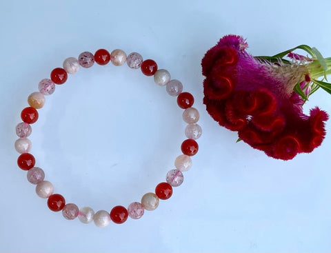 Flower Agate, Strawberry Quartz, & Carnelian Bracelet